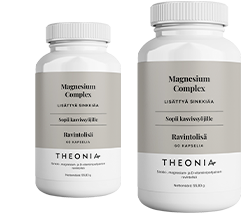 Two bottles of Theonia Magnesium Complex with added zinc, labeled as suitable for vegetarians, each containing 60 capsules