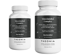 Two bottles of Theonia Night Time Complex with L-tryptophan, chamomile, and lemon balm, labeled as suitable for vegetarians, each containing 60 capsules