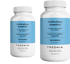 Two bottles of Theonia Probiotic Complex food supplement, containing 20 billion CFU per serving, labeled as suitable for vegetarians and vegans, each with 60 capsules