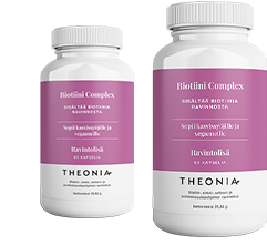 Two bottles of Theonia Biotin Complex, made with food-sourced biotin and labeled as suitable for vegetarians and vegans, each containing 60 capsules