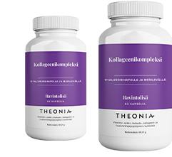 Two bottles of Theonia Collagen Complex food supplement with hyaluronic acid and sea kelp, each containing 60 capsules